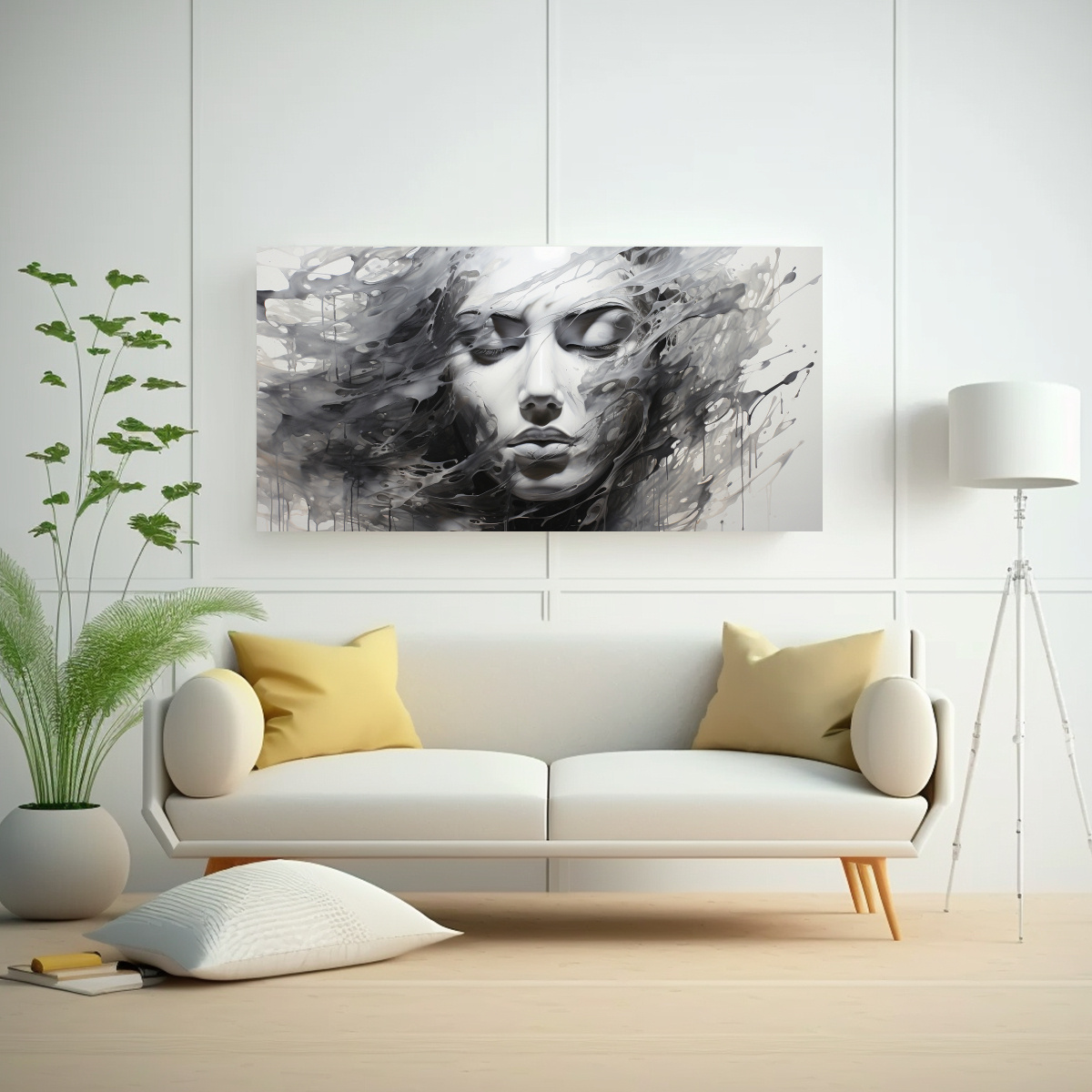 cuadros-modernos-de-contornos-faciales-y-salpicaduras-en-plata-y-blanco-1