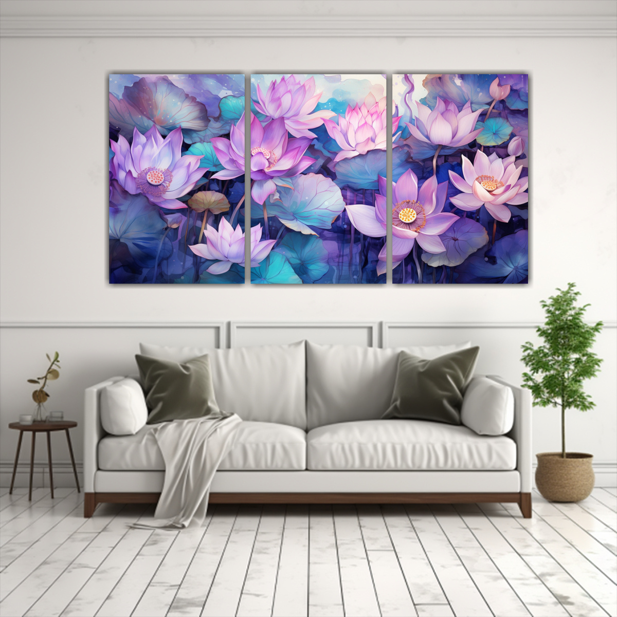 cuadros-modernos-equilibrio-visual-flores-de-loto-p-rpura-y-turquesa-1