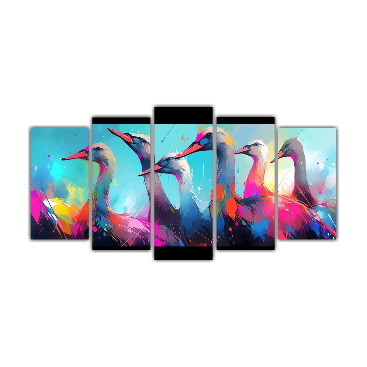 lienzos-horizontales-con-gansos-en-colores-arco-ris-y-turquesa-neo-pop-