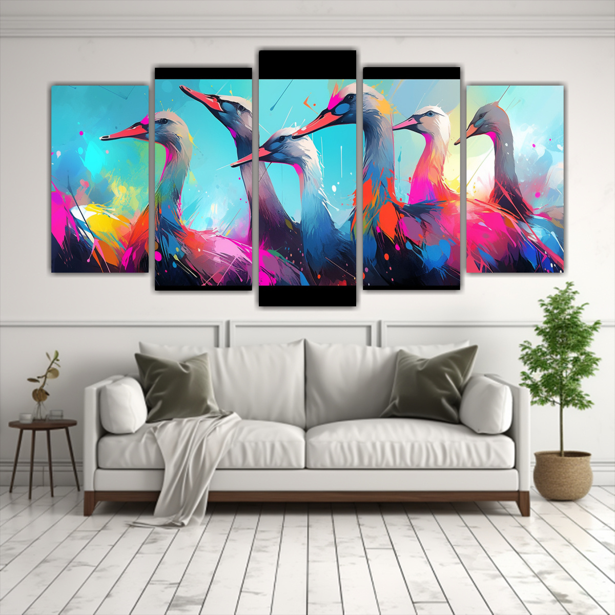 lienzos-horizontales-con-gansos-en-colores-arco-ris-y-turquesa-neo-pop-1-1