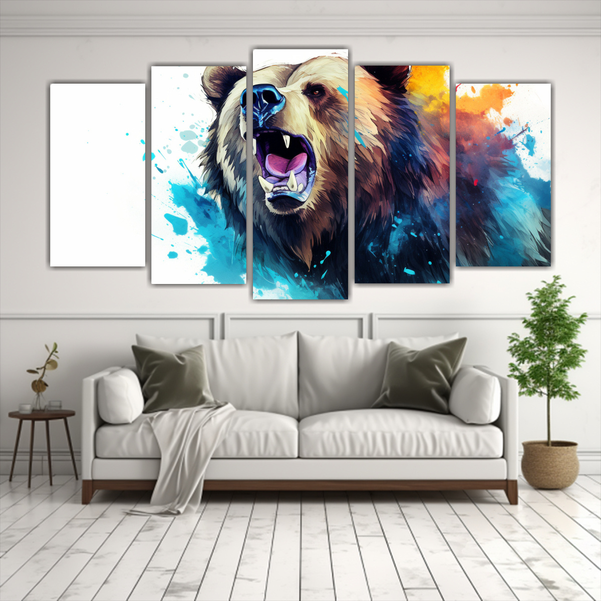 pintura-acuarela-impactante-oso-grizzly-en-cinco-cuadros-coloridos-1
