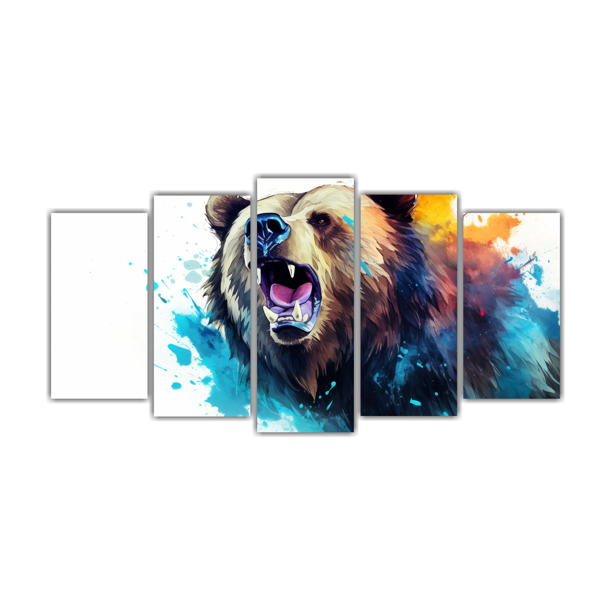 pintura-acuarela-impactante-oso-grizzly-en-cinco-cuadros-coloridos