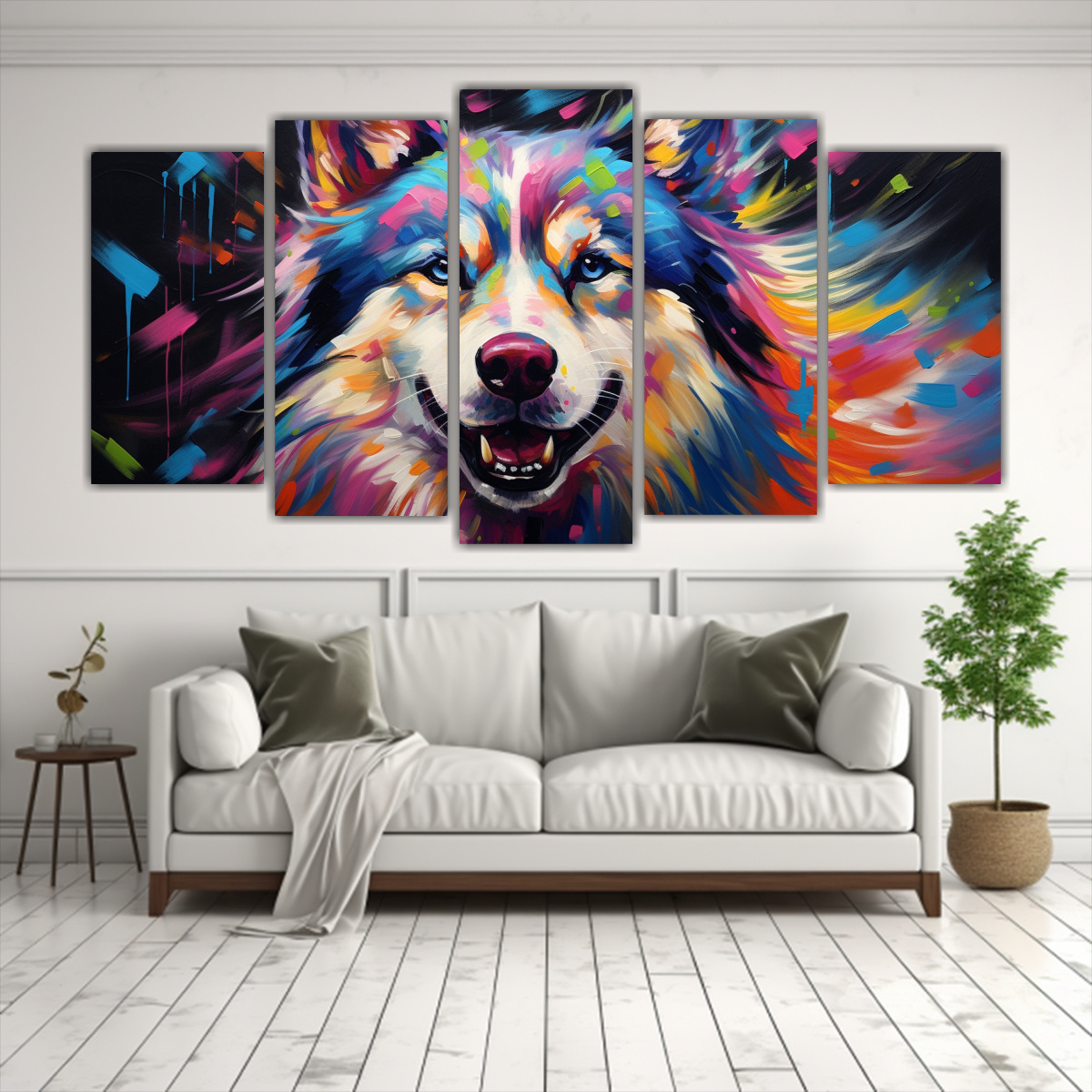 pintura-al-estilo-leo-de-husky-en-estilo-colorido-equilibrio-en-cinco-cuadros-1