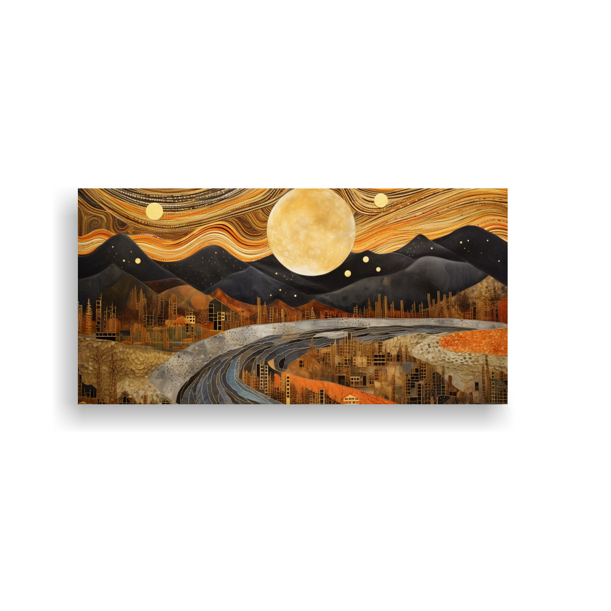 Pintura Artesanal De Paisaje Nocturno Con Luna Y Montañas