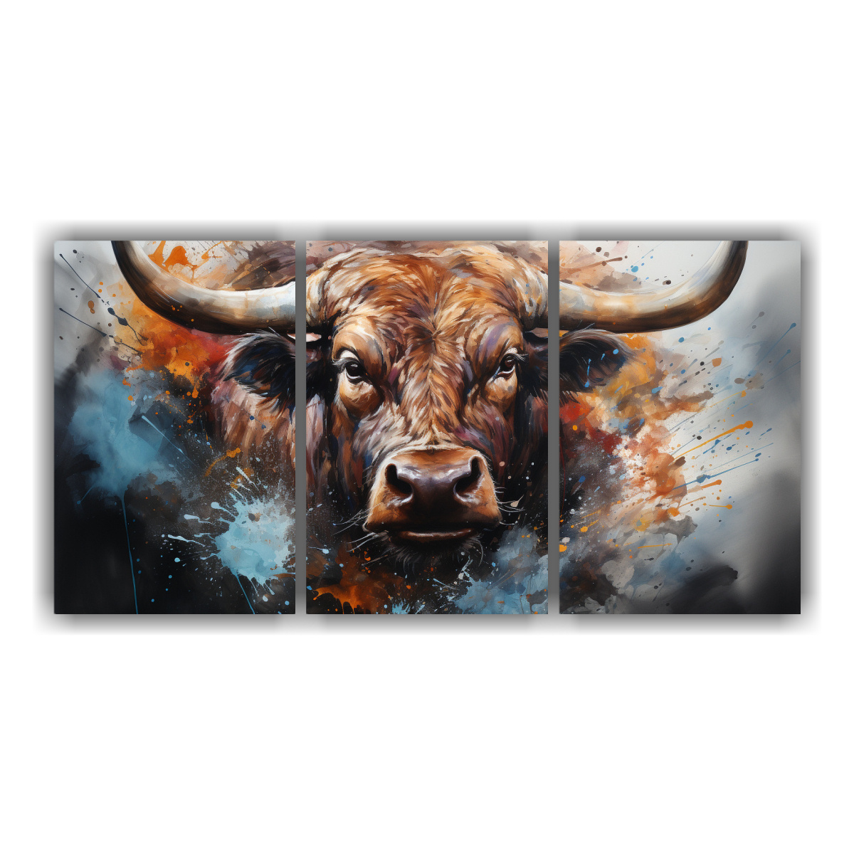 pintura-colorida-de-toros-en-estilo-acuarela-en-bastidor-con-tres-telas