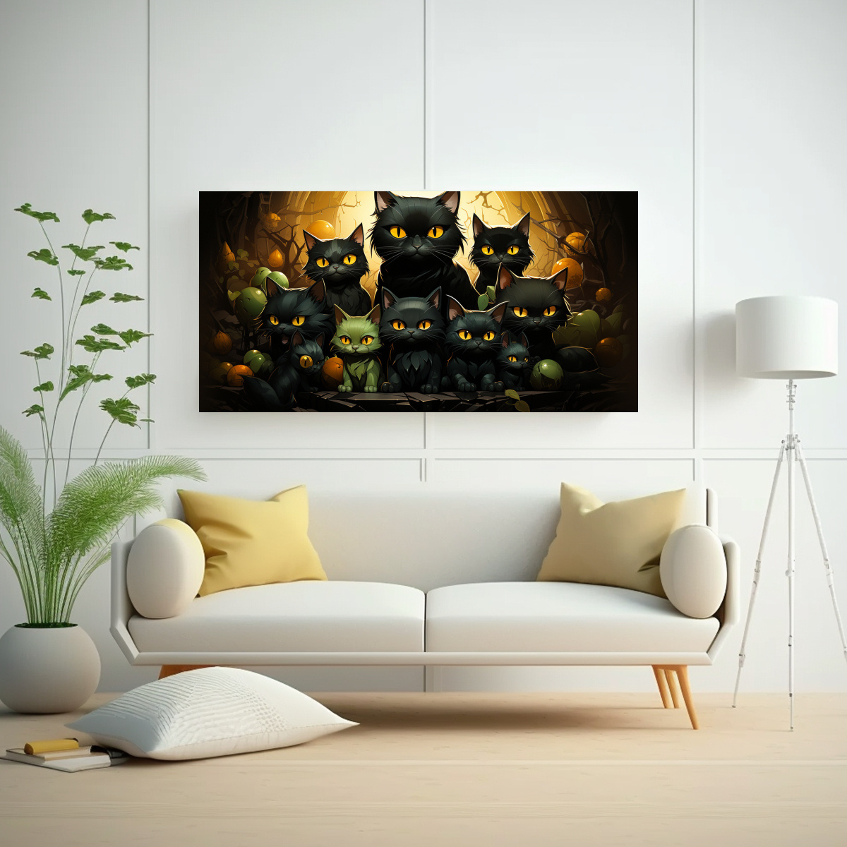 pintura-decorativa-de-gatos-negros-apilados-en-el-dormitorio-1