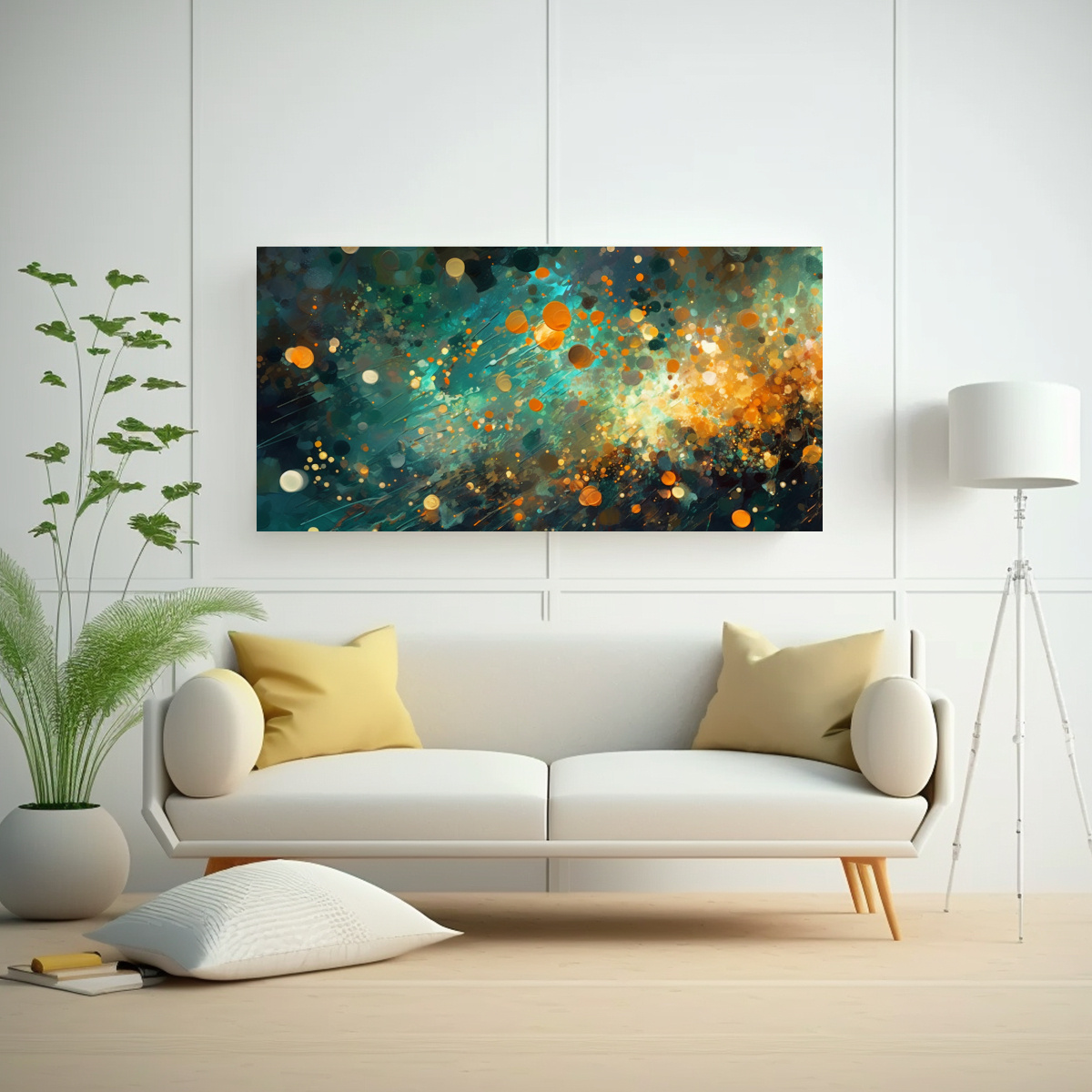 pintura-decorativa-de-lienzo-abstracto-estrellas-brillantes-sobre-fondo-naranja-y-verde-1