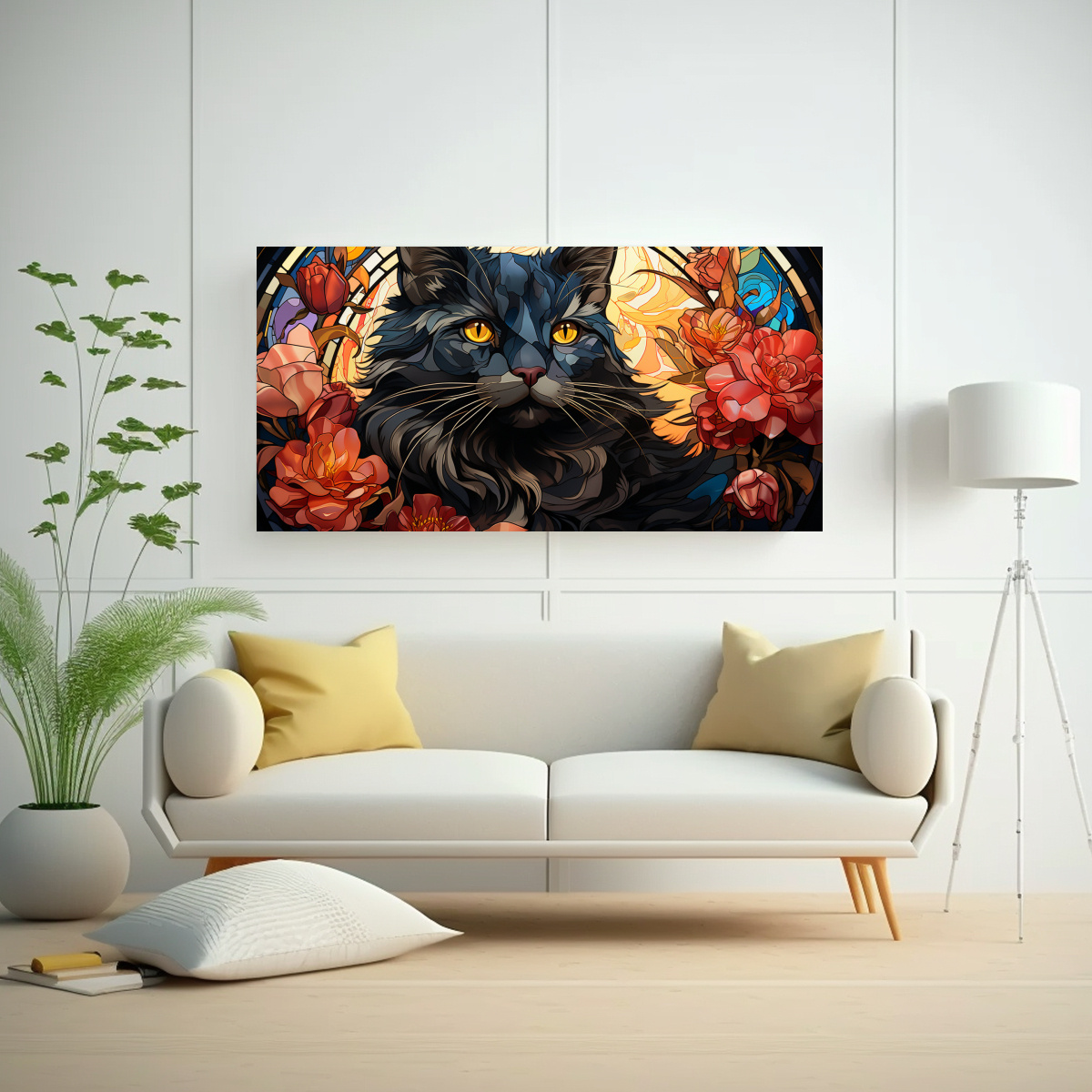 pintura-en-lienzo-de-equilibrado-gato-negro-sonriente-vidriera-decorativa-1