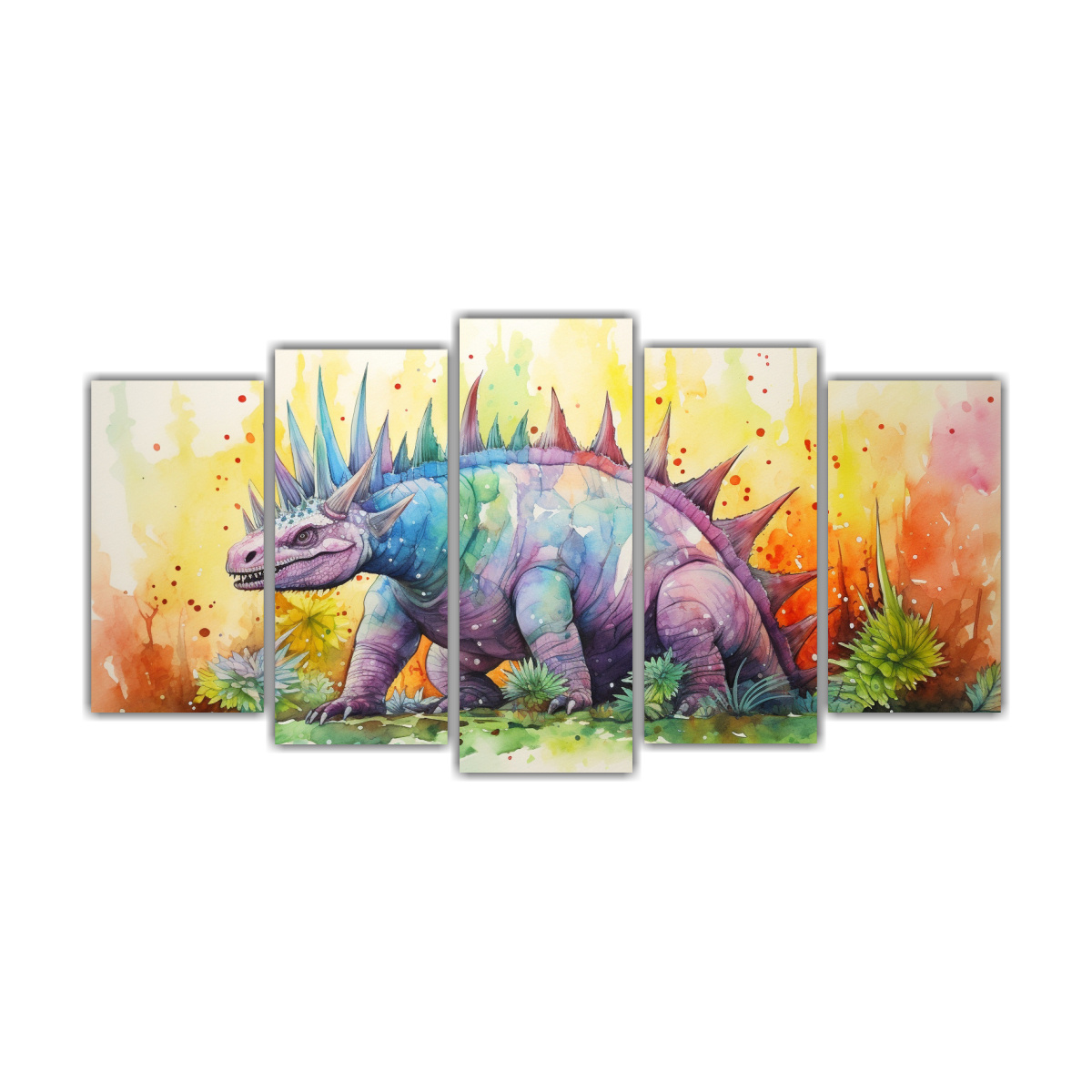 pintura-en-lienzo-de-escena-de-stegosaurus-en-acuarelas-coloridas