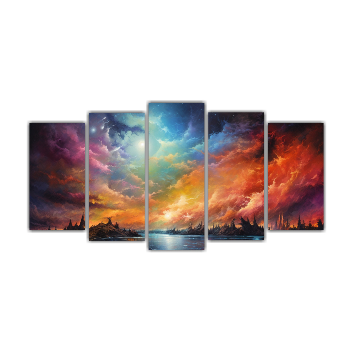 Pintura Lienzo Composición Dinámica Cielo Nocturno Con Arco Iris Y Colores Naranja