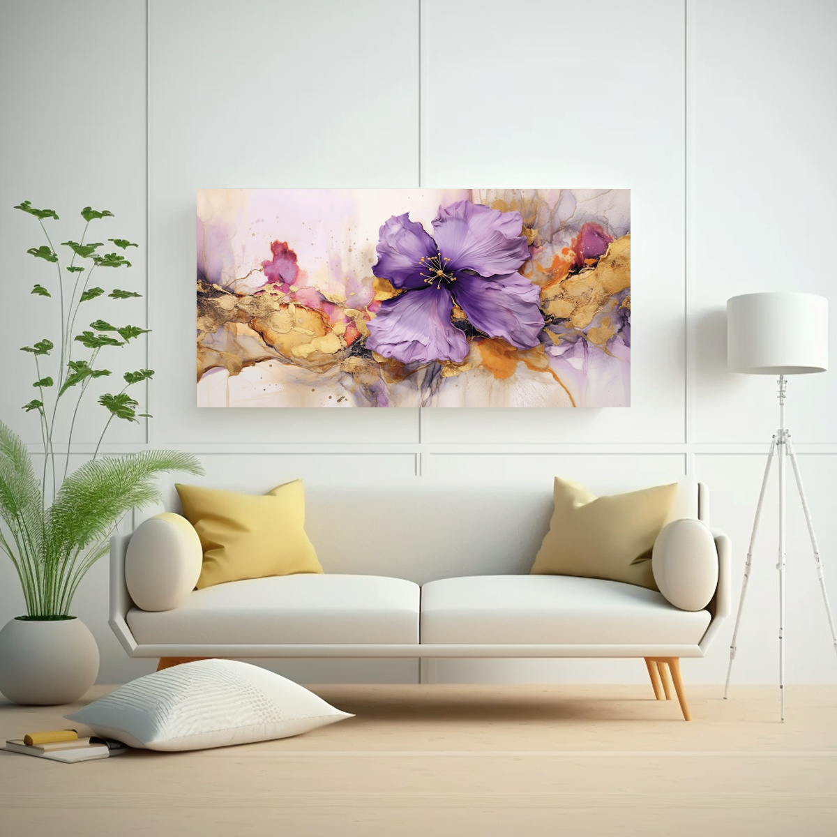 pintura-tela-abstracta-equilibrio-flores-violetas-tonos-dorados-1