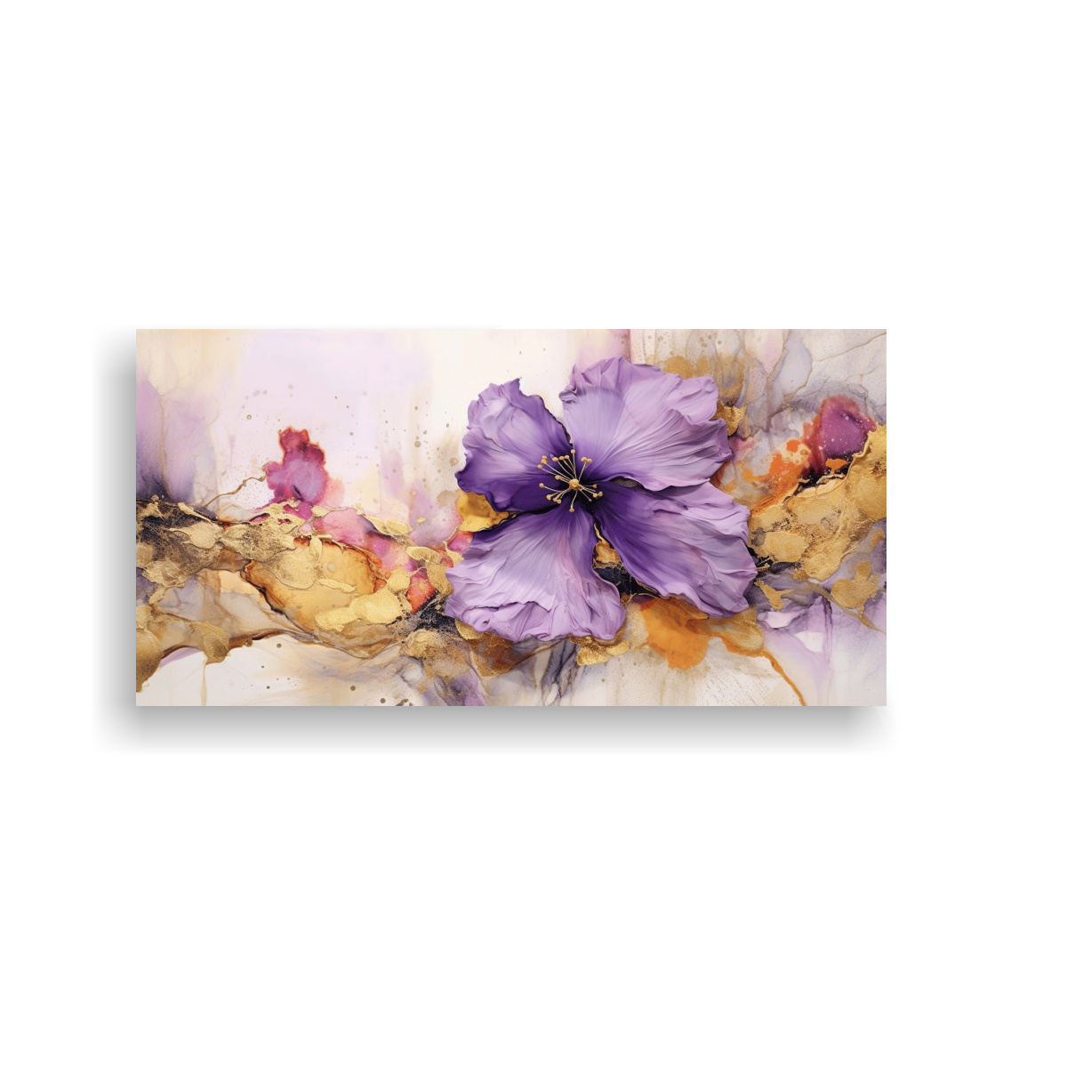 pintura-tela-abstracta-equilibrio-flores-violetas-tonos-dorados