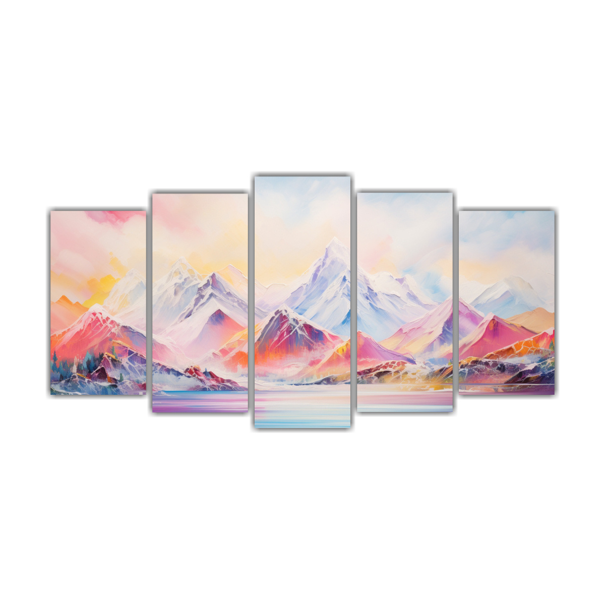 pinturas-abstractas-cinco-lienzos-estilo-galer-a-monta-as-nevadas-con-arco-ris-y-colores-dorados