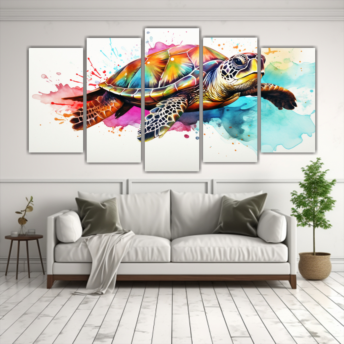 pinturas-acuarela-estilo-tortuga-marina-en-bastidor-cinco-telas-vanguardia-elegante-1