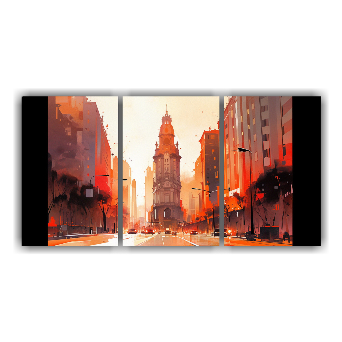 pinturas-acuarelas-tema-santiago-chile-en-tres-lienzos-naranja