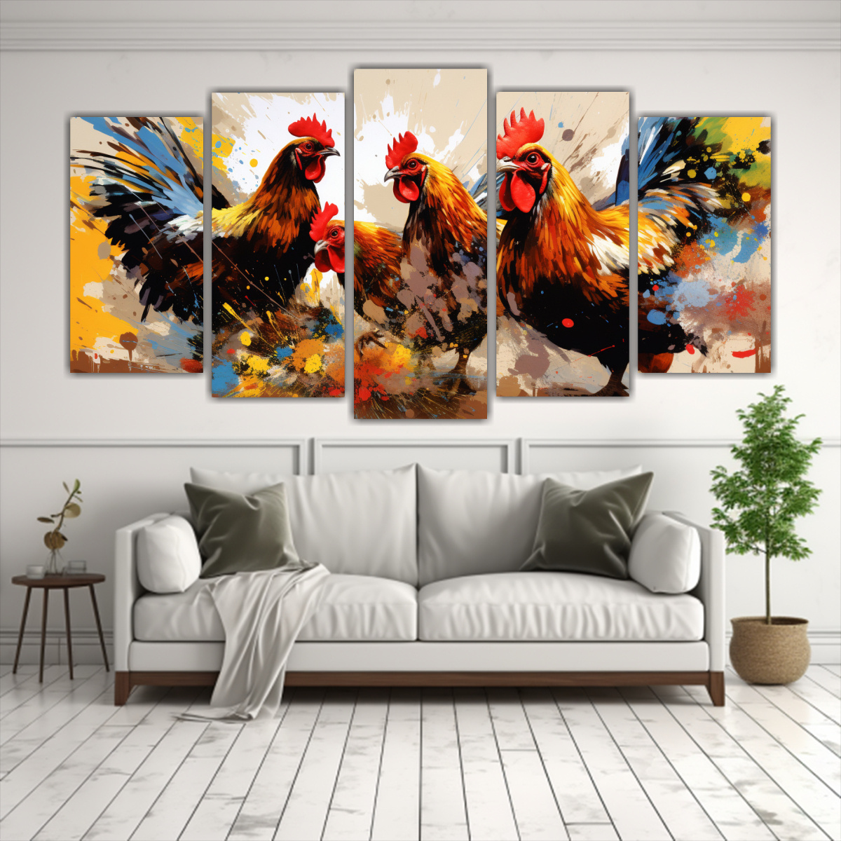 pinturas-de-gallinas-y-gallos-en-tonos-vibrantes-y-marrones-con-reflejo-de-cinco-artes-1