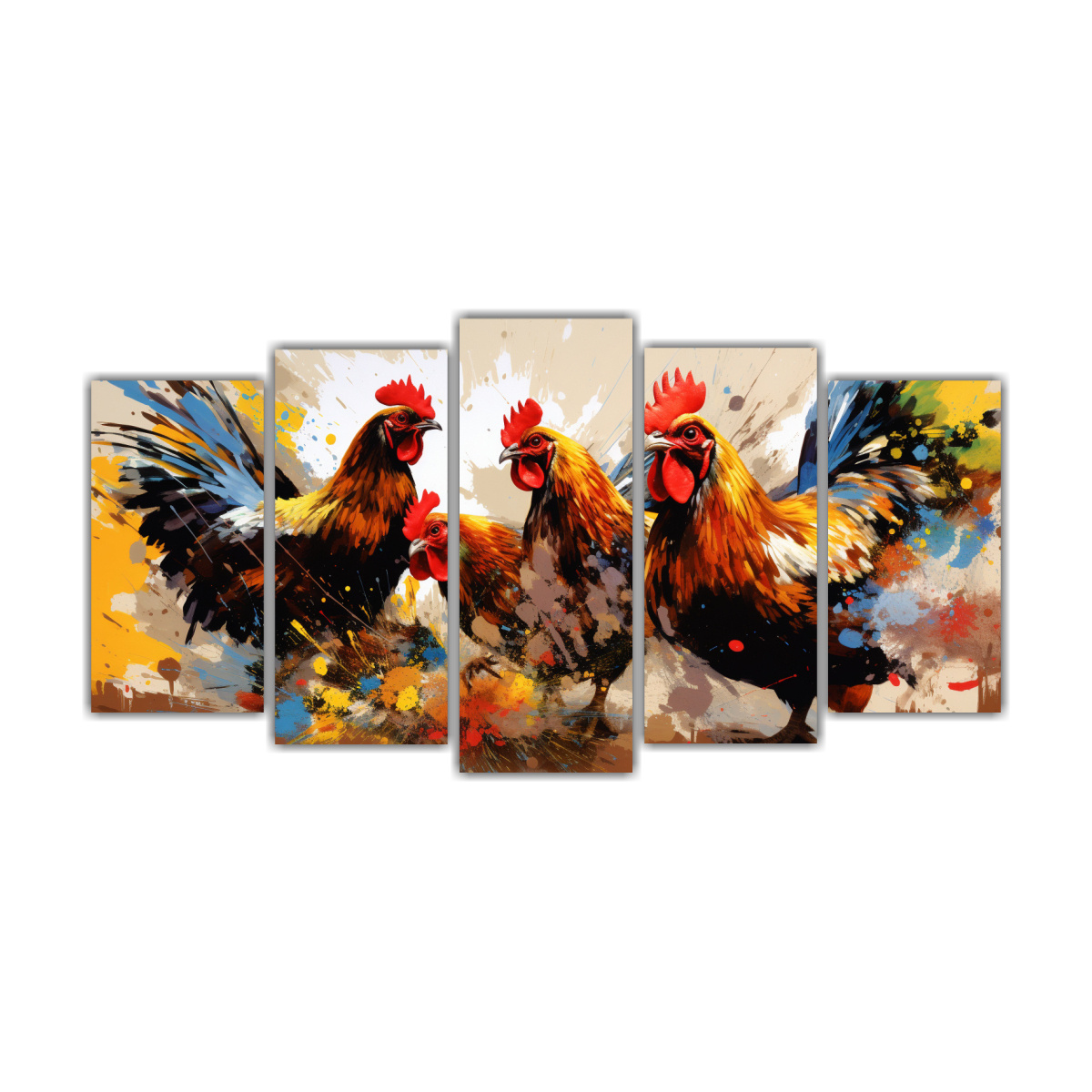 pinturas-de-gallinas-y-gallos-en-tonos-vibrantes-y-marrones-con-reflejo-de-cinco-artes