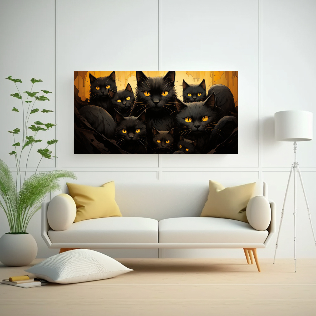 pinturas-de-lienzo-modernas-con-una-pila-de-gatos-negros-sobre-fondo-naranja-1