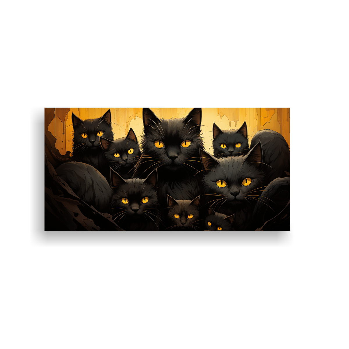 pinturas-de-lienzo-modernas-con-una-pila-de-gatos-negros-sobre-fondo-naranja