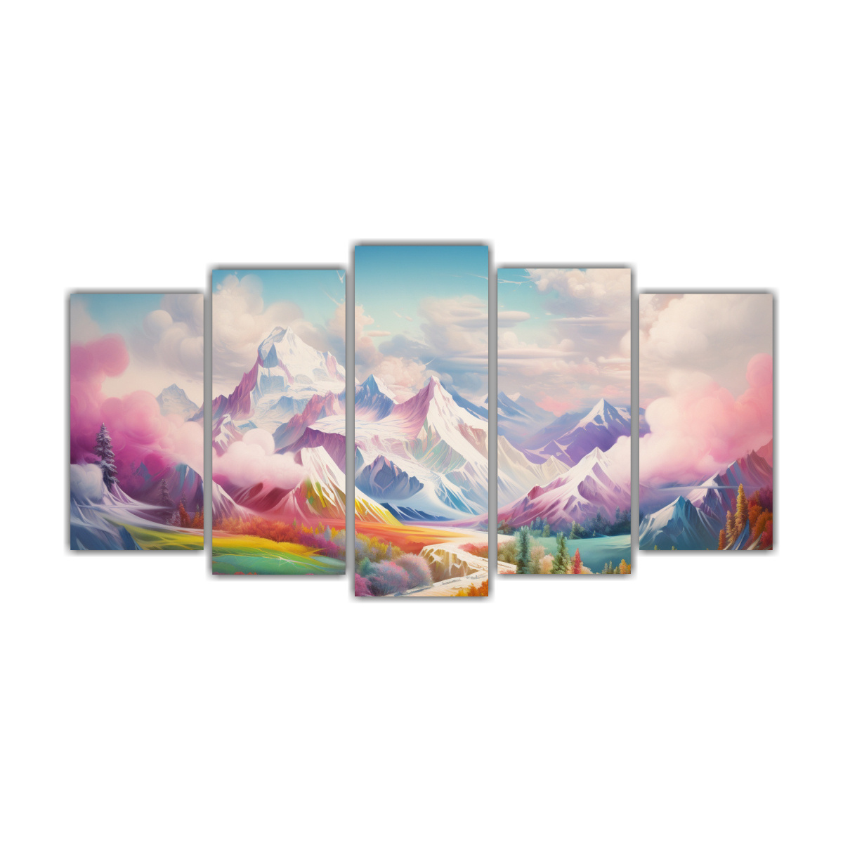 pinturas-de-tela-monta-as-nevadas-con-arco-iris-y-colores-pastel-