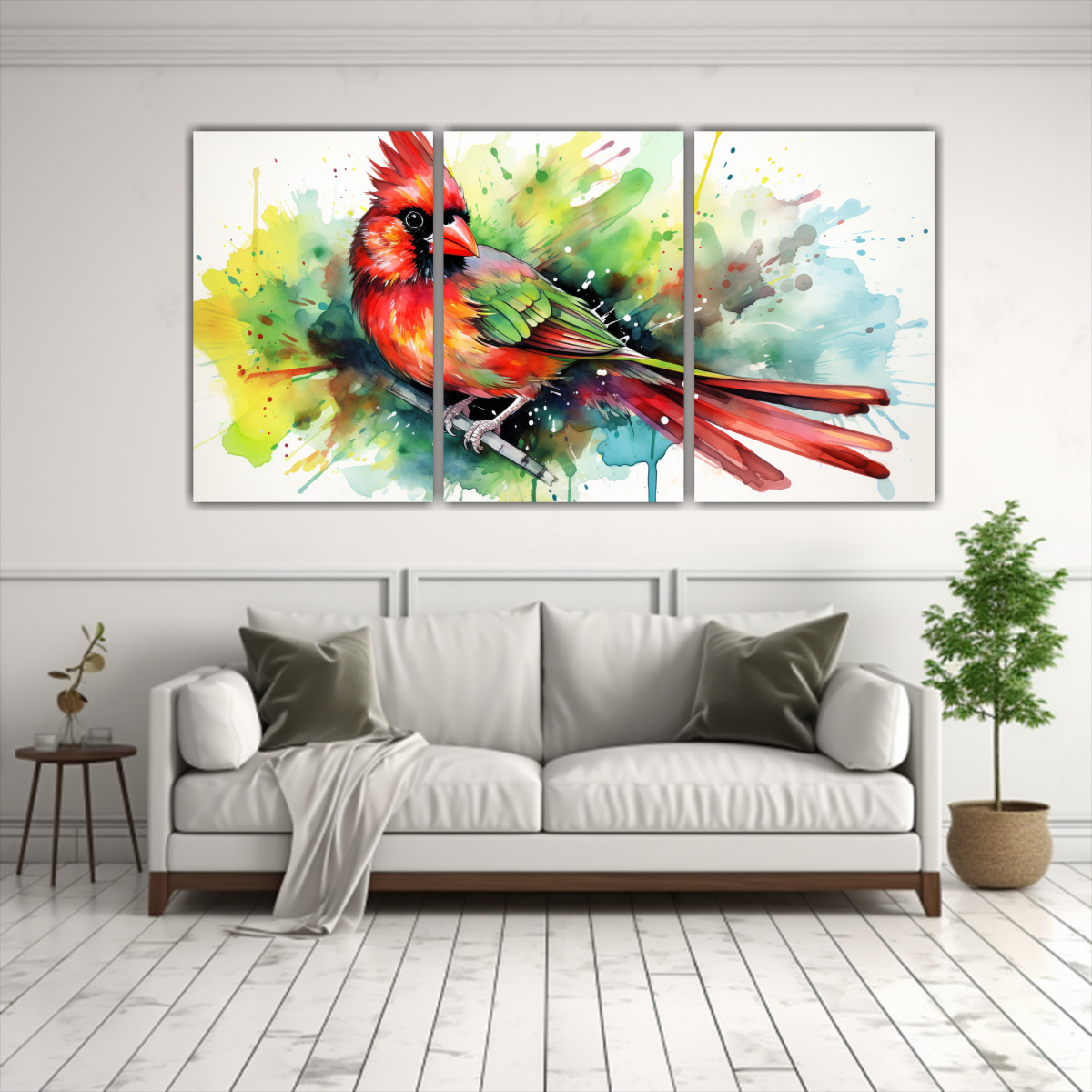 pinturas-decorativas-cardenal-en-acuarela-y-colores-verdes-en-arte-pop-neo-1-1