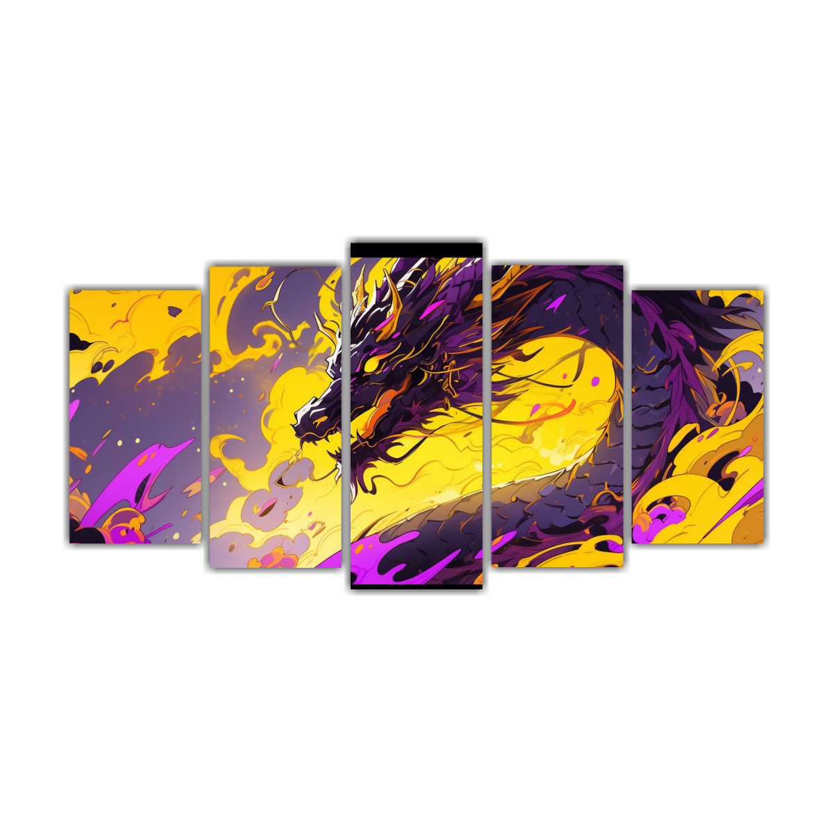 Pinturas Decorativas De Arte Gráfico: Dragón Amarillo Y Morado En Estilo Neonoir