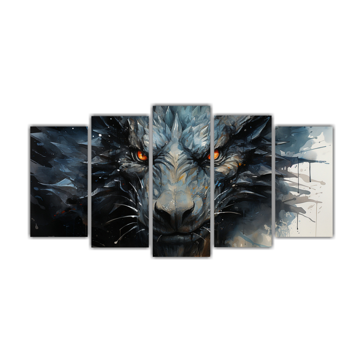 Pinturas Decorativas De Dragón En Acuarelas Y Negro, Atmósfera Neonoir.