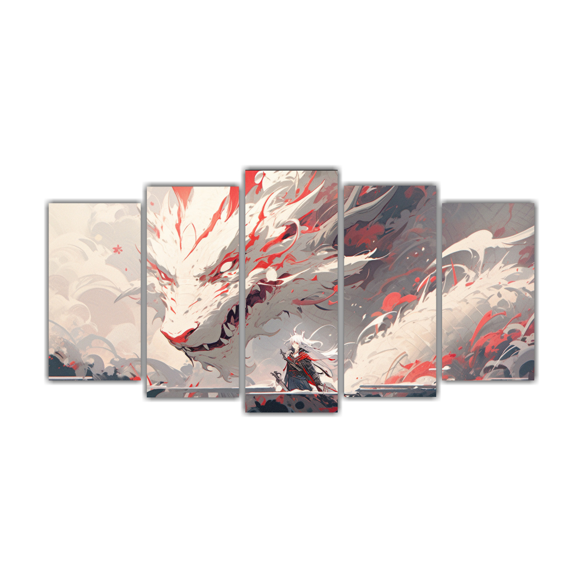 Pinturas Decorativas De Dragón En Blanco Y Rojo Con Atmósfera Neonoir