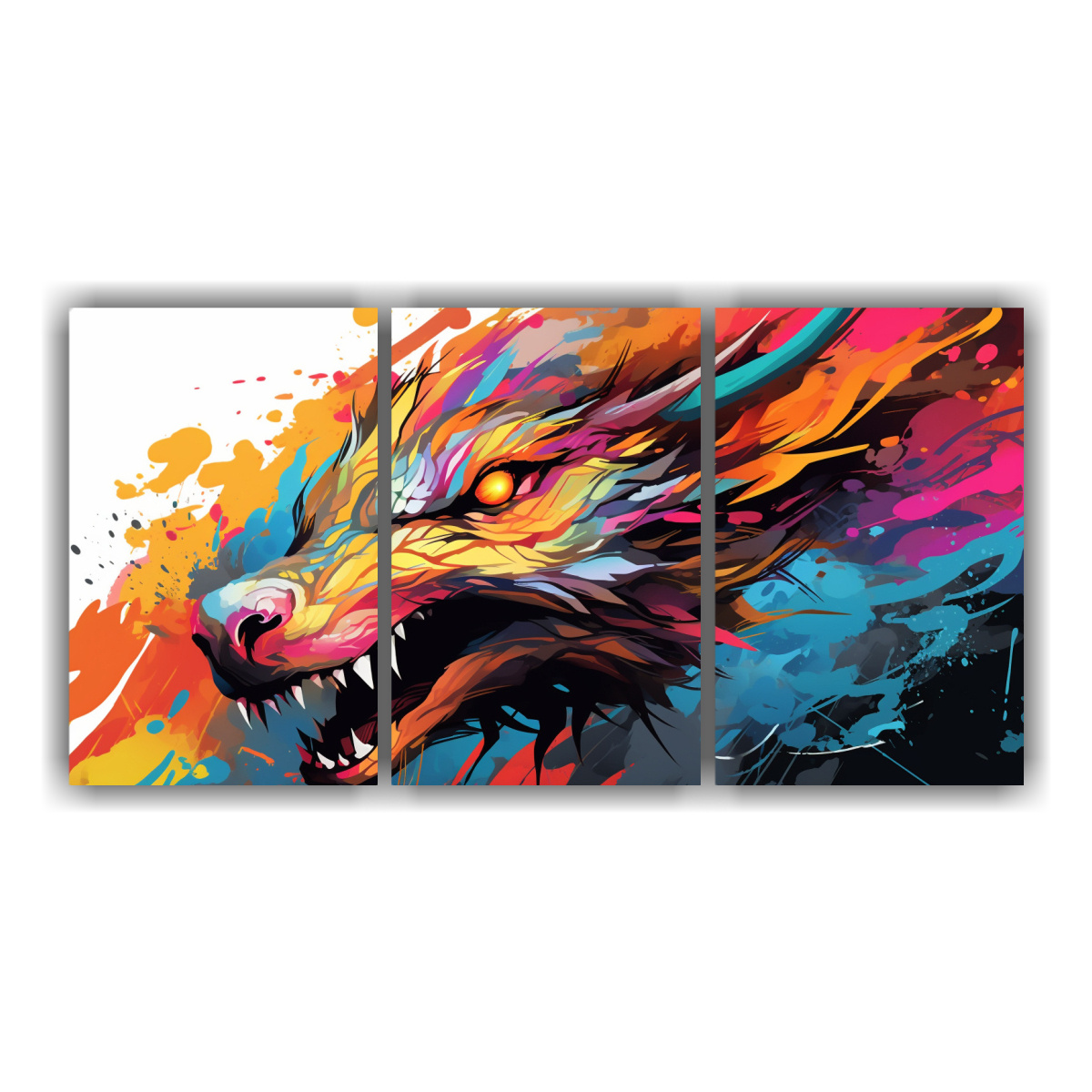 Pinturas Decorativas De Dragón En Colores Arcoíris Y Naranja, Atmósfera Neonoir.