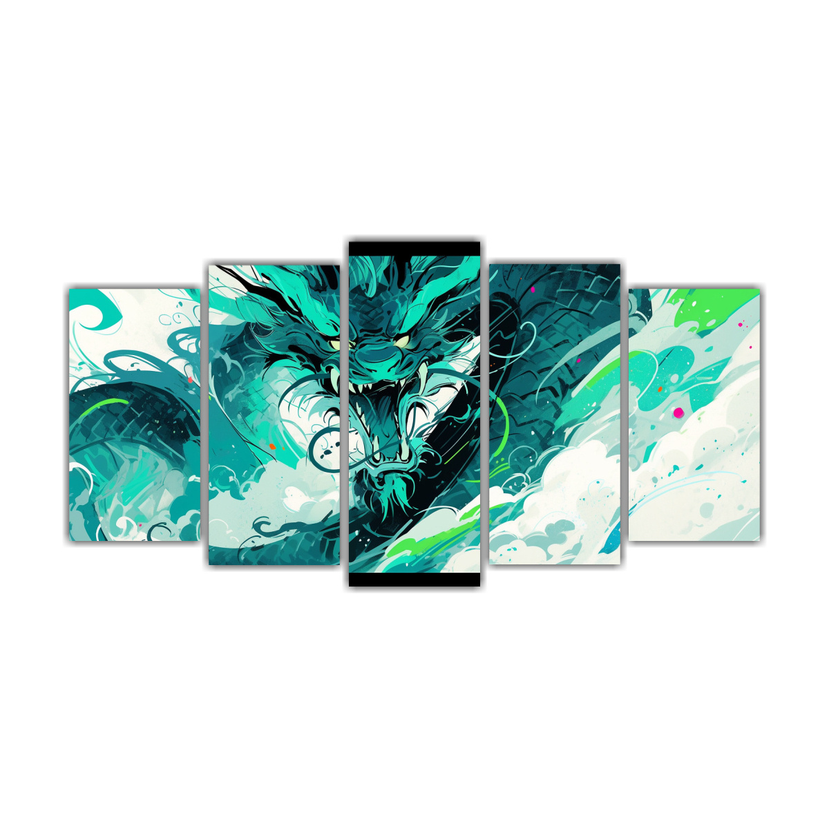 Pinturas Decorativas De Dragón En Tonos Turquesa Y Atmósfera Neonoir.