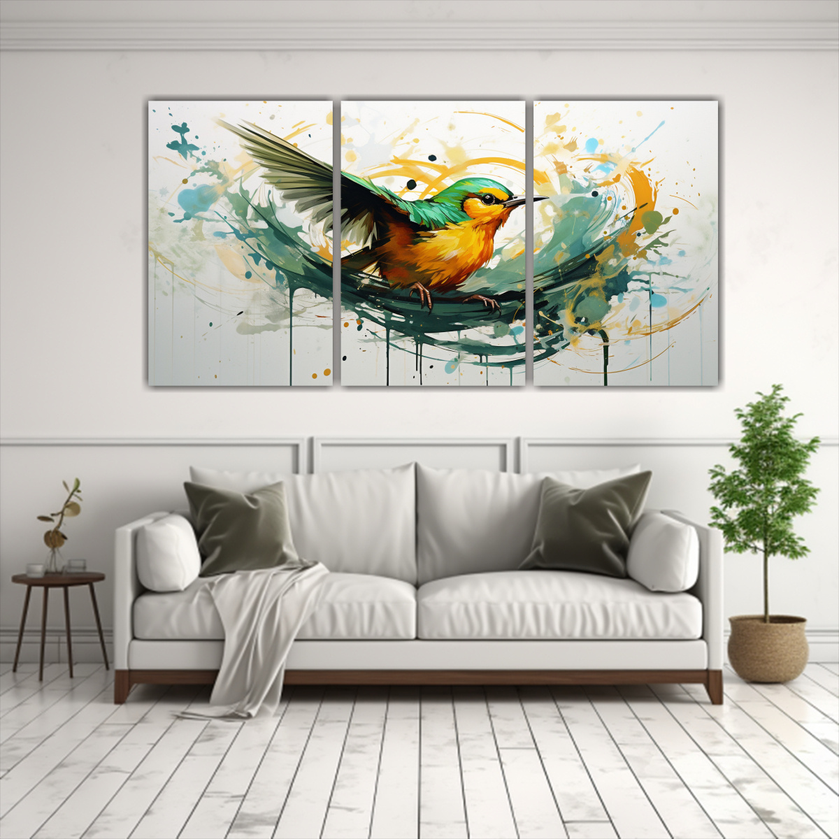 pinturas-decorativas-de-estilo-neo-pop-con-p-jaro-en-verde-y-dorado-1