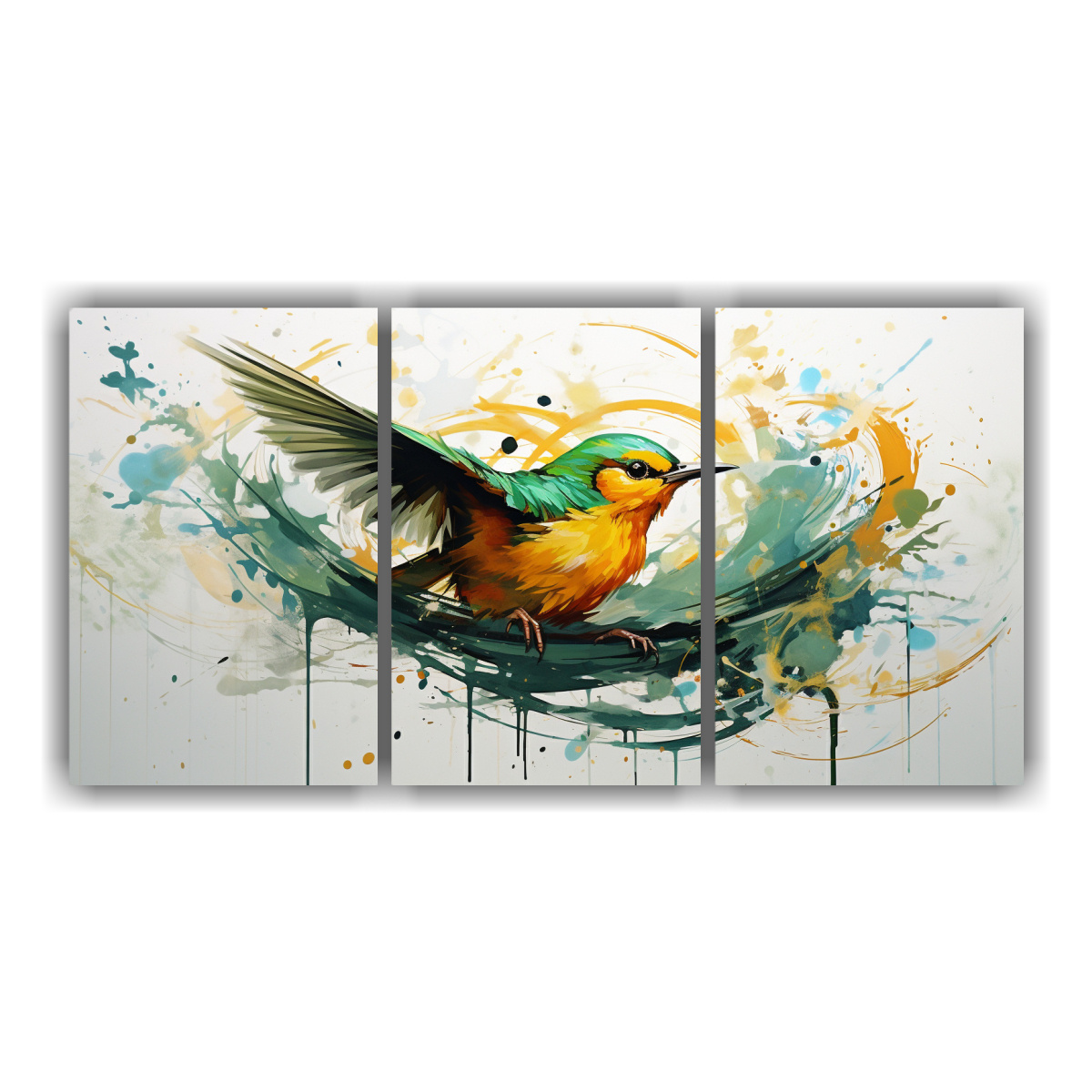 pinturas-decorativas-de-estilo-neo-pop-con-p-jaro-en-verde-y-dorado