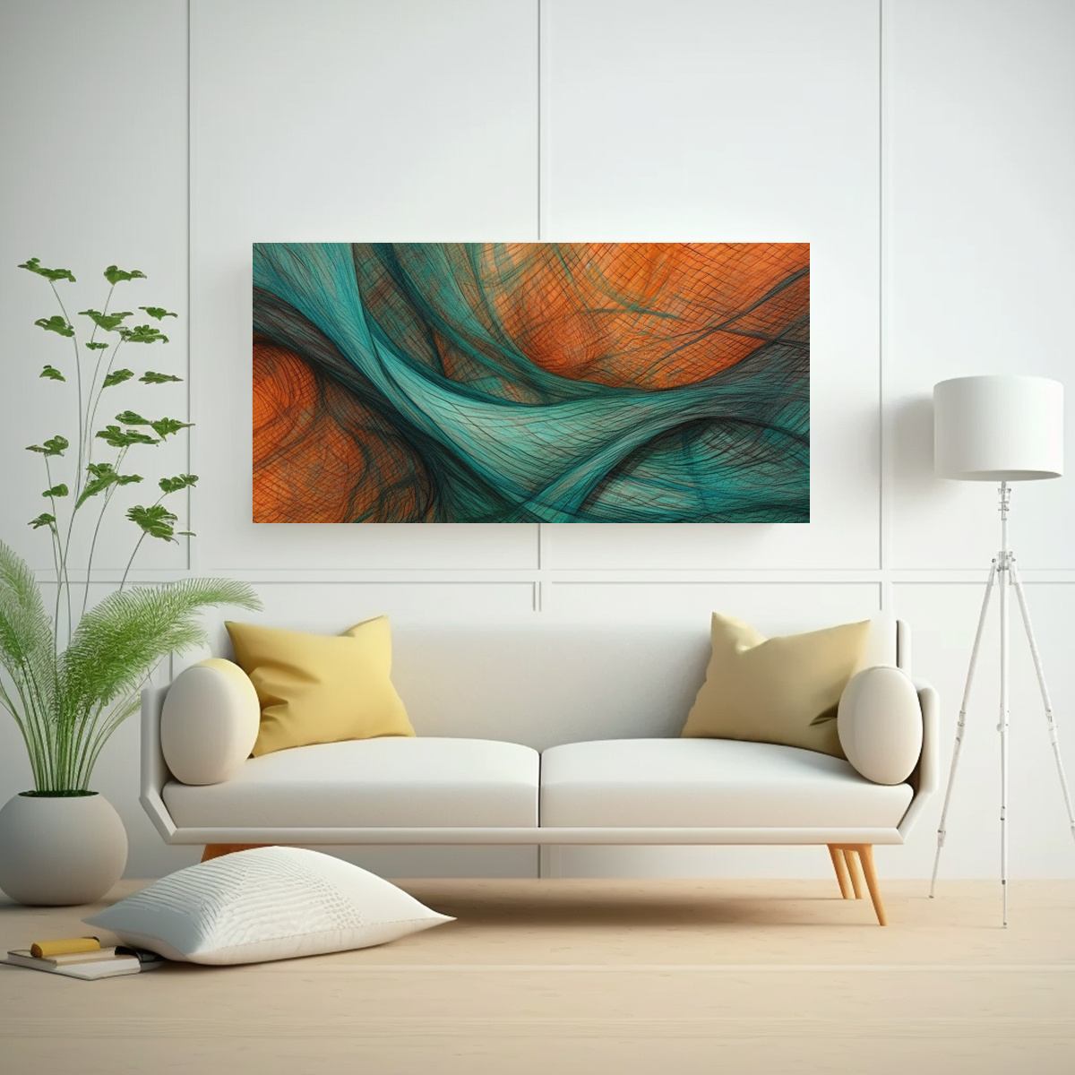 pinturas-decorativas-en-lienzo-con-malla-cruzada-en-tonos-azul-verdoso-y-naranja-1