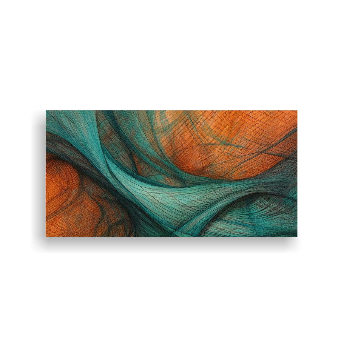 pinturas-decorativas-en-lienzo-con-malla-cruzada-en-tonos-azul-verdoso-y-naranja