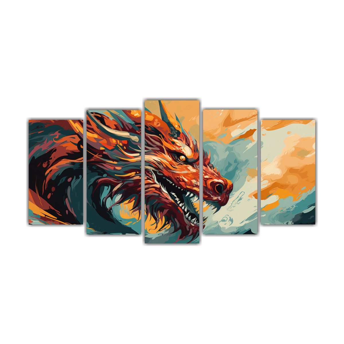 Pinturas Decorativas Exclusivas Con Dragón En Tonos Pastel Y Naranja.