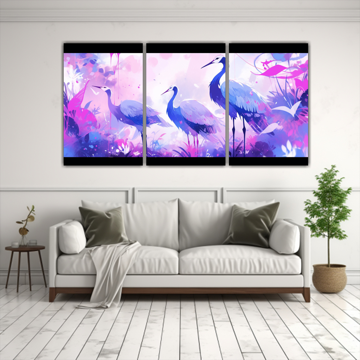 pinturas-decorativas-modernas-de-grullas-en-tonos-morados-y-azules-1