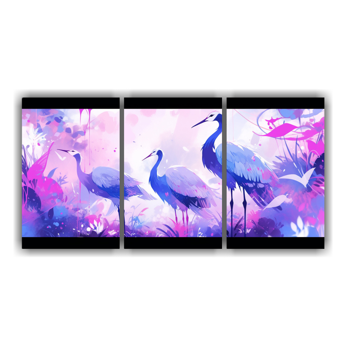 pinturas-decorativas-modernas-de-grullas-en-tonos-morados-y-azules