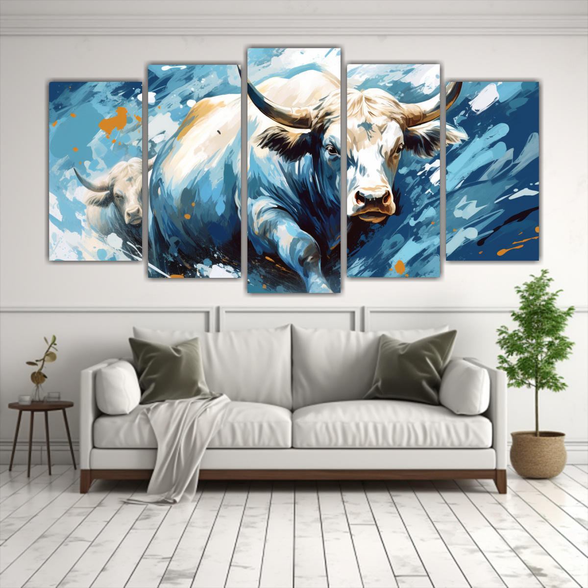 pinturas-decorativas-modernas-de-toros-en-blanco-y-azul-en-estilo-neo-pop-arte-1