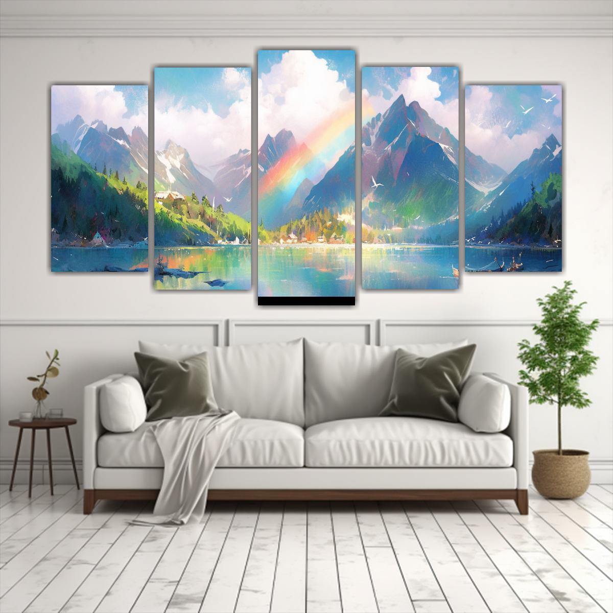 pinturas-decorativas-tela-canvas-vida-en-lago-de-monta-as-con-arco-ris-y-colores-verdes-1