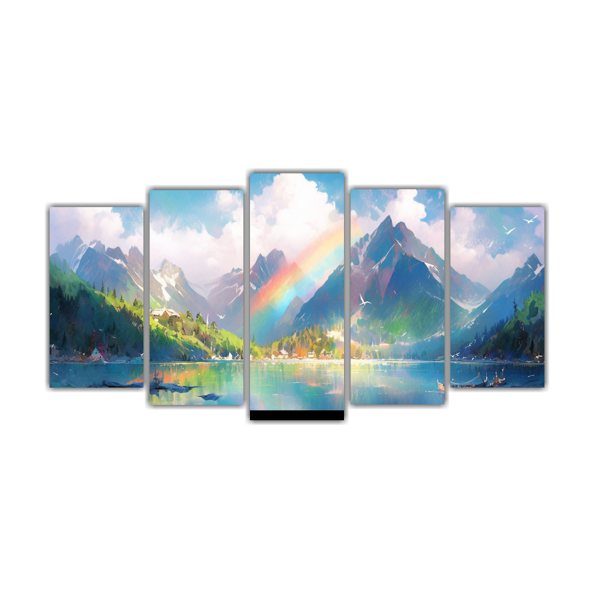 pinturas-decorativas-tela-canvas-vida-en-lago-de-monta-as-con-arco-ris-y-colores-verdes