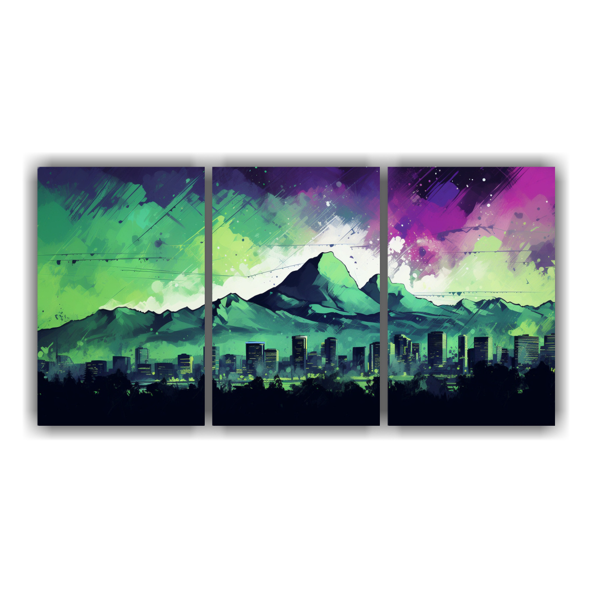 pinturas-en-bastidor-tres-telas-calidas-en-verde-y-morado-en-santiago-chile